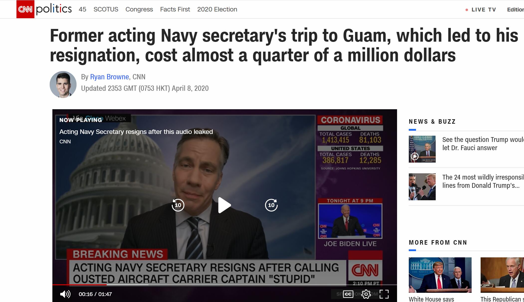 美海军代部长辞职　美媒：他出去一趟花25万美元
