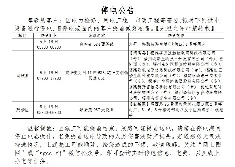 福州这些地方近期将停电、停水！快看看有你家吗？