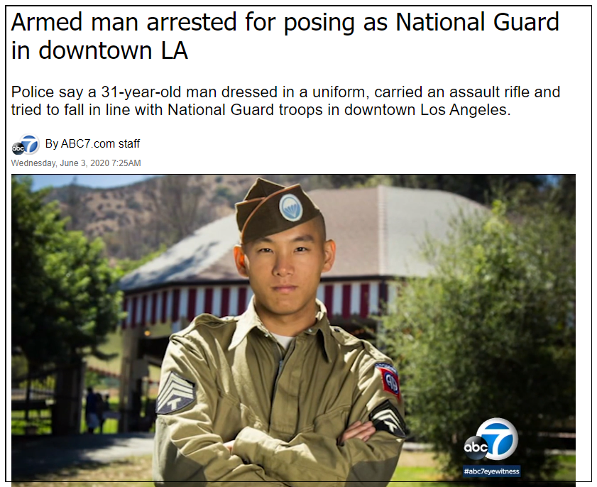 美国一全副武装亚裔男子差点混入执勤的国民警卫队