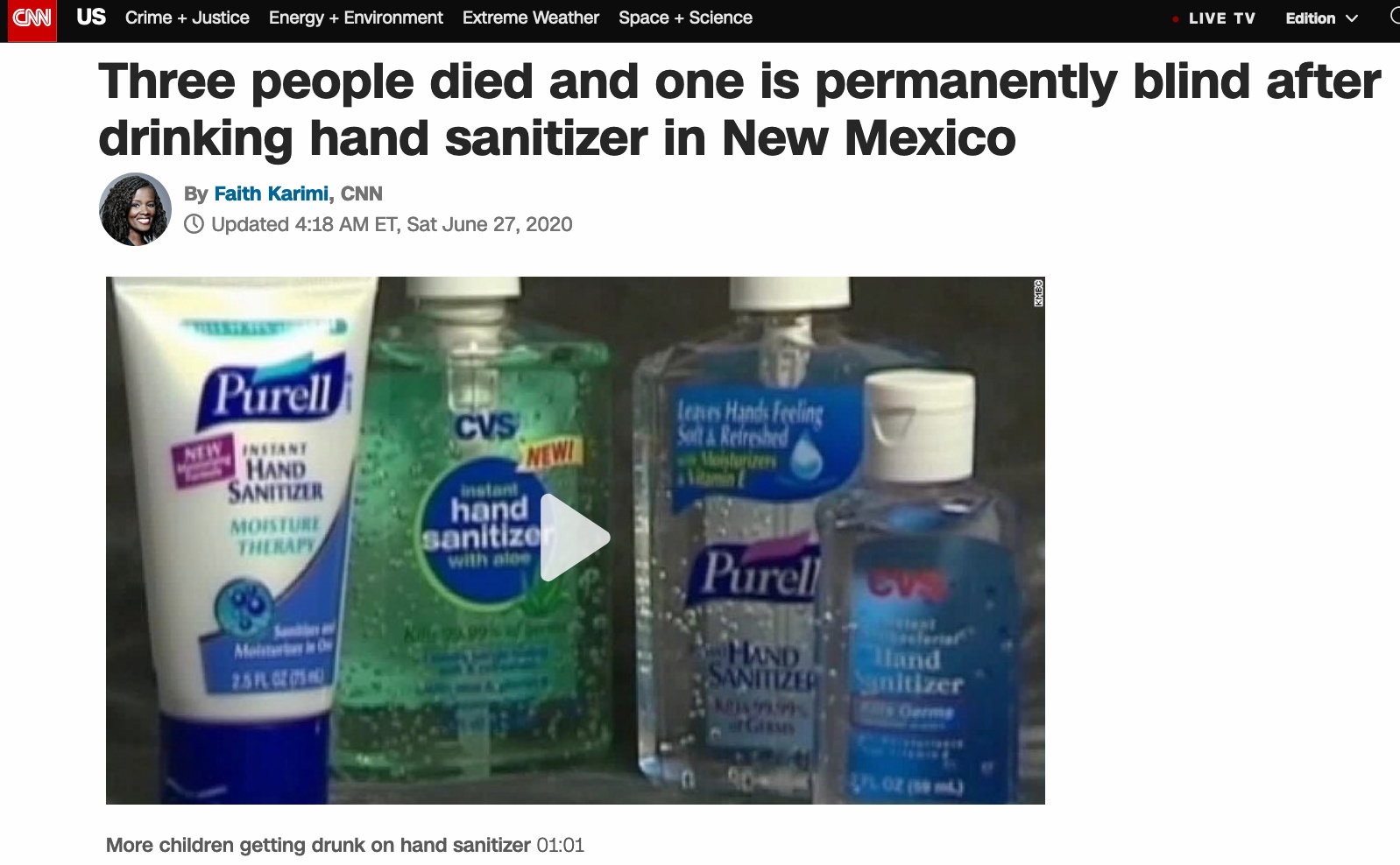 美国新墨州现多起饮用洗手液中毒事件：已3人死亡