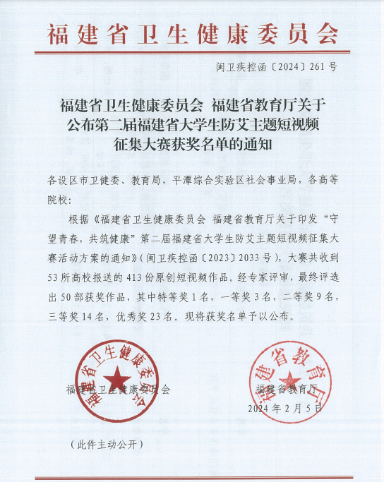 “守望青春，共筑健康”第二届福建省大学生防艾主题短视频征集大赛拟获奖名单出炉